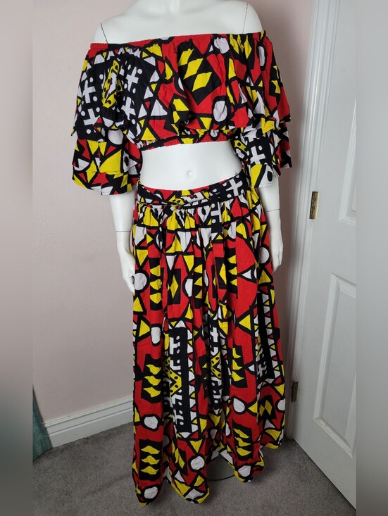 SATSUMA Dresses & Skirts - SATSUMA African Print 2 Piece Set Off-Shoulder Crop Top & Maxi Skirt Cotton -(M)